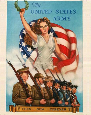 Alegoría de una figura femenina con corona de laurel de la victoria delante de la bandera ondulante, por encima de los soldados marchando cuyos uniformes representan distintas épocas históricas desde la colonial
