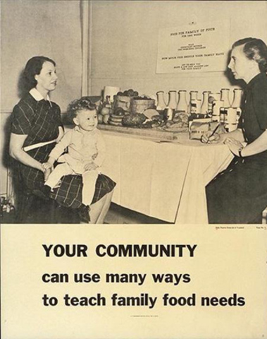 Foto que muestra a una mujer  sentada en la mesa mostrando la comida de los distintos grupos de alimentos, y a otra con un niño en su regazo escuchando instrucciones sobre necesidades nutricionales de la familia.