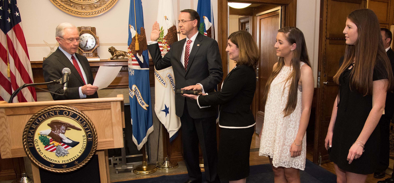 Attorney General Jeff Sessions administers the oath of office to Rod J. Rosenstein to be the Deputy Attorney General of the United States